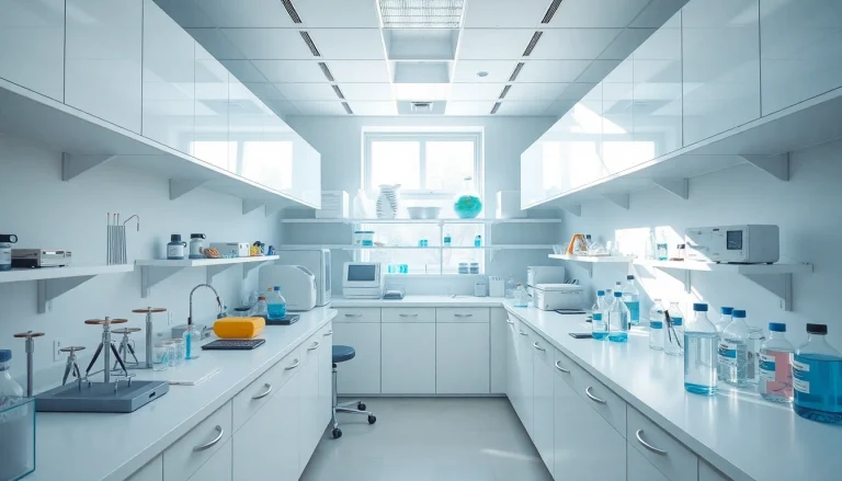 Labormaterial bestellen in einem modernen Labor mit organisierten Arbeitsbereichen.