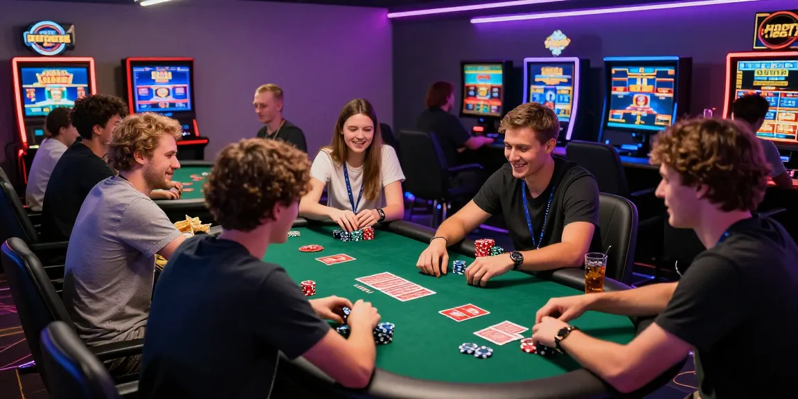 Exciting gaming scene at https://gemwin.pics/ with friends enjoying various online casino games in a vibrant lounge.