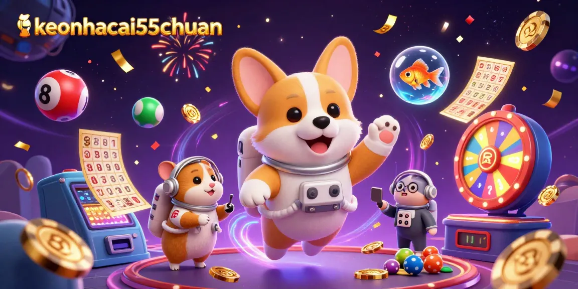 Experience the thrill of keonhacai55chuan as a corgi floats through a vibrant casino space with lottery balls and gold coins.
