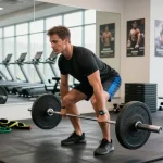 Medi Pharma Steroid Shop: Athletischer Mann beim Kreuzheben im Fitnessstudio, überzeugende Trainingsatmosphäre.