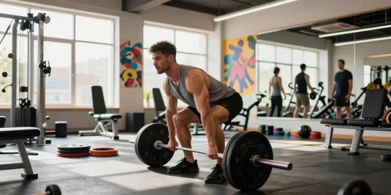 Leistungsstarker Mann hebt Gewichte im Utinon Steroids Shop, energiegeladenes Fitnessstudio mit modernen Geräten.
