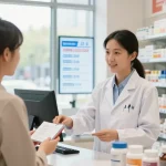 Produkte im Selliza Pharma Shop, ein Apotheker berät einen Kunden zu hochwertigen Gesundheitsprodukten, helle und einladende Atmosphäre