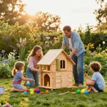 Ein Familienprojekt zur Erstellung eines Garten Hauses im sonnigen Garten mit Spielzeugen und Werkzeugen.