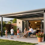 Moderne Terrassenüberdachung als stilvolle Gartenlösung für Familienaktivitäten.