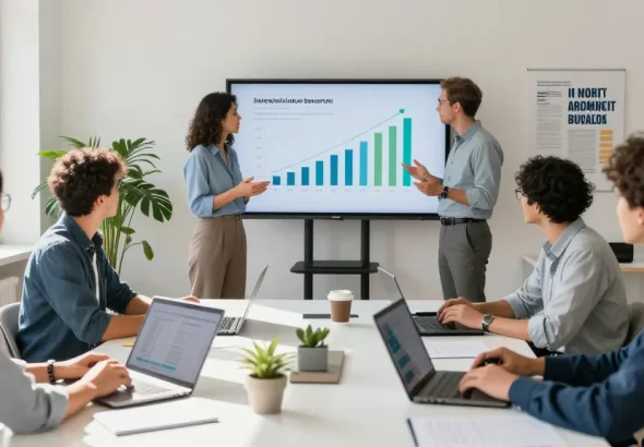 Arbeitskultur bewerten in einem modernen Büro mit professionellem Team und Führungsdiskussionen.