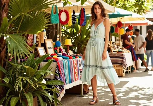 Stylish model in FAFA828 summer outfit at vibrant outdoor market showcasing trendy fashion.