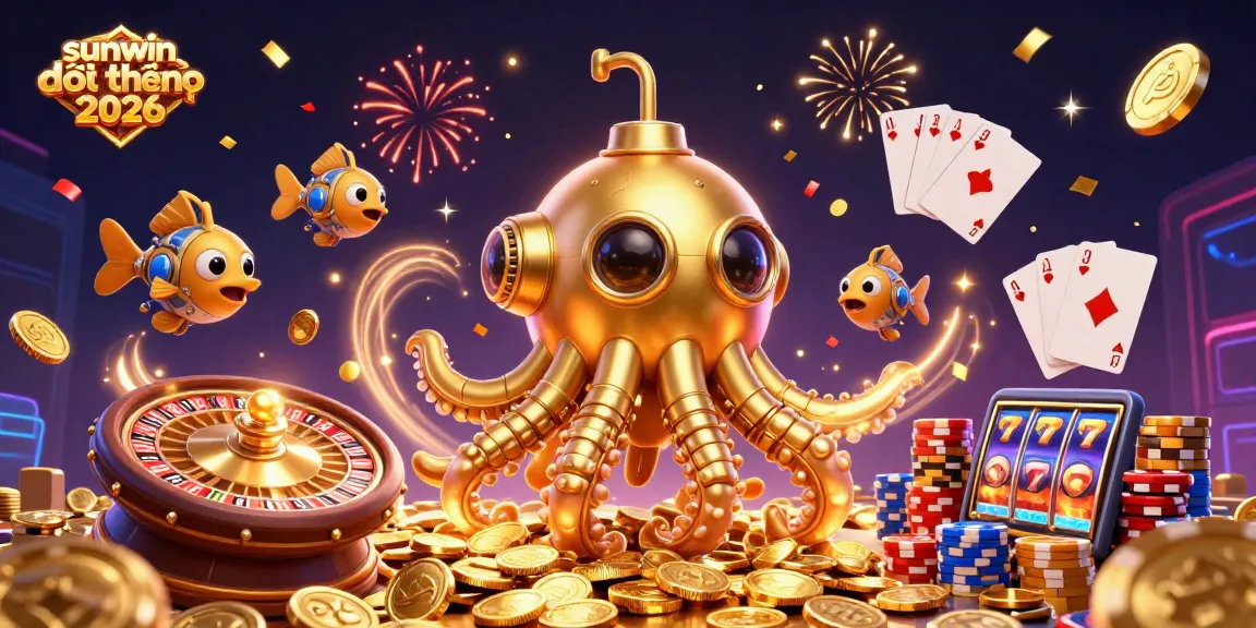 Engage in sunwin đổi thưởng 2026 with golden kraken amidst coins and winning game elements.